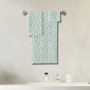 Sage Green White Watercolor Floral Flowers Bath Towel Set