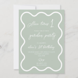 Sage green white wavy border 1st birthday party invitation