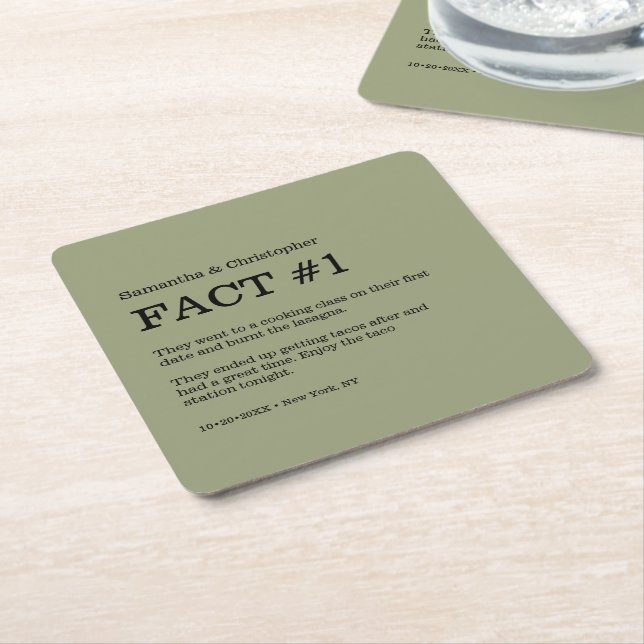 Sage Green White Wedding Fact  Square Paper Coaster (Angled)