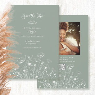 Sage Green White Wildflower Save the Date Wedding Invitation