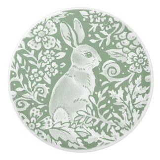 Sage Green White Woodland Animal Rabbit Pattern Ceramic Knob