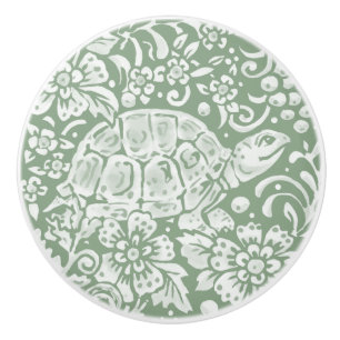 Sage Green White Woodland Animal Turtle Pattern  Ceramic Knob