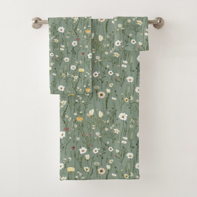 Sage Green White Yellow Wildflowers Boho Trendy Bath Towel Set (Insitu)