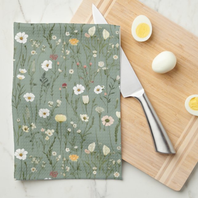 Sage Green White Yellow Wildflowers Boho Trendy Tea Towel (Quarter Fold)