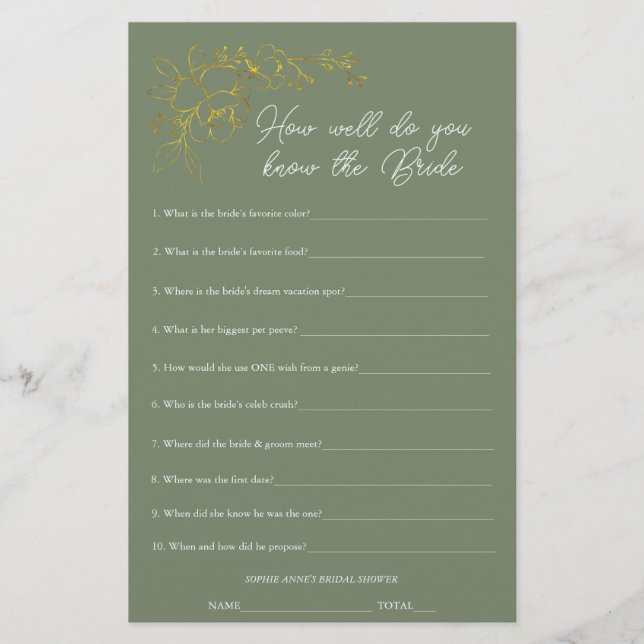 Sage Green Who Knows The Bride Shower Game (Front)