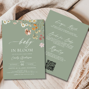 Sage Green Wildflower All in One Baby Shower Invitation
