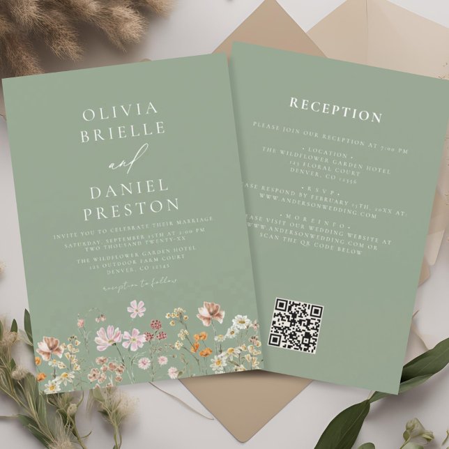 Sage Green Wildflower All in One QR Code Wedding Invitation (Creator Uploaded)