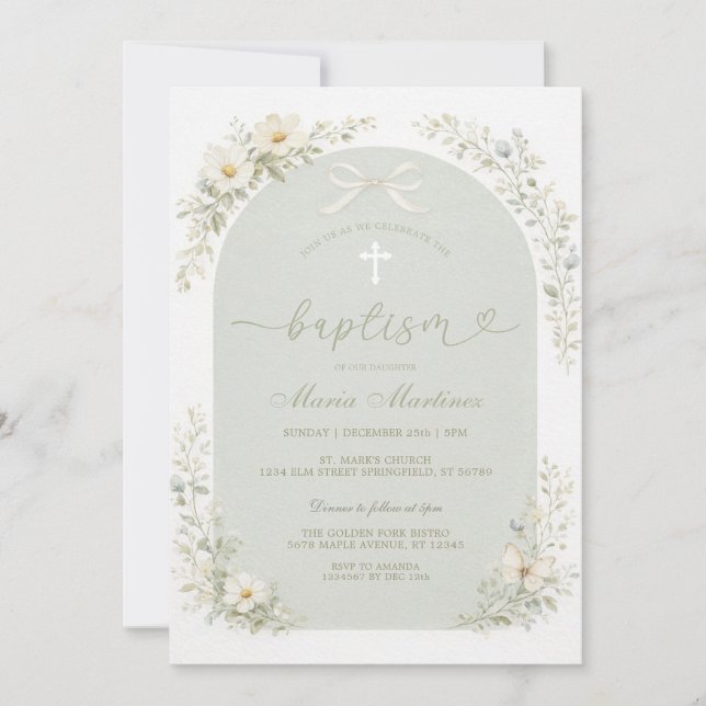 Sage Green Wildflower Arch Baptism Invitation (Front)