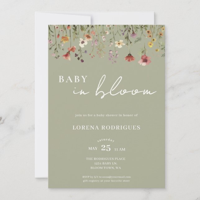 Sage Green Wildflower Baby in Bloom Baby Shower Invitation (Front)