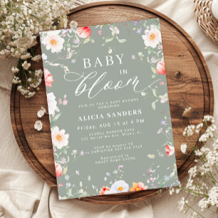 Sage green wildflower baby in bloom baby shower invitation
