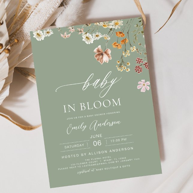 Sage Green Wildflower Baby in Bloom Baby Shower Invitation (Creator Uploaded)