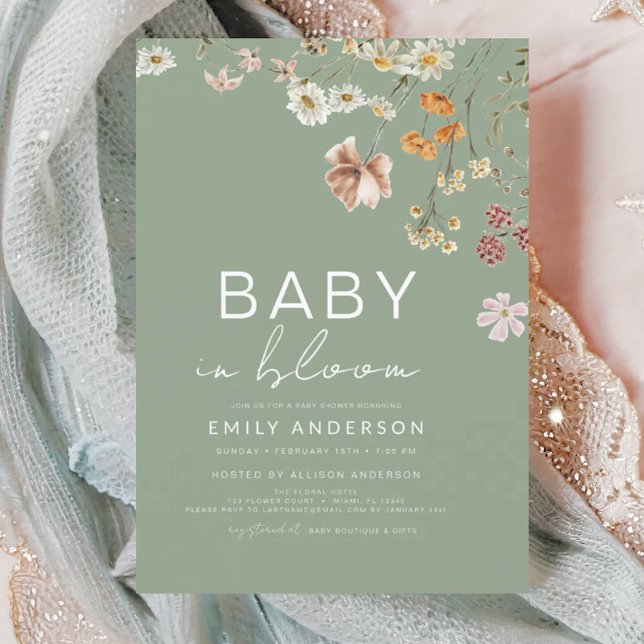 Sage Green Wildflower Baby in Bloom Baby Shower Invitation (Creator Uploaded)