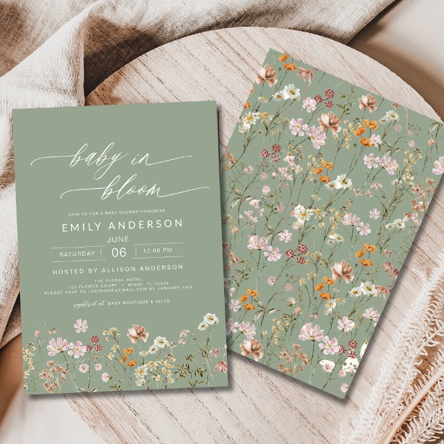 Sage Green Wildflower Baby in Bloom Baby Shower  Invitation (Creator Uploaded)