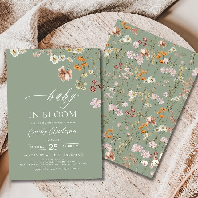 Sage Green Wildflower Baby in Bloom Baby Shower  Invitation (Creator Uploaded)
