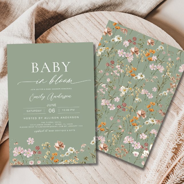 Sage Green Wildflower Baby in Bloom Baby Shower Invitation (Creator Uploaded)