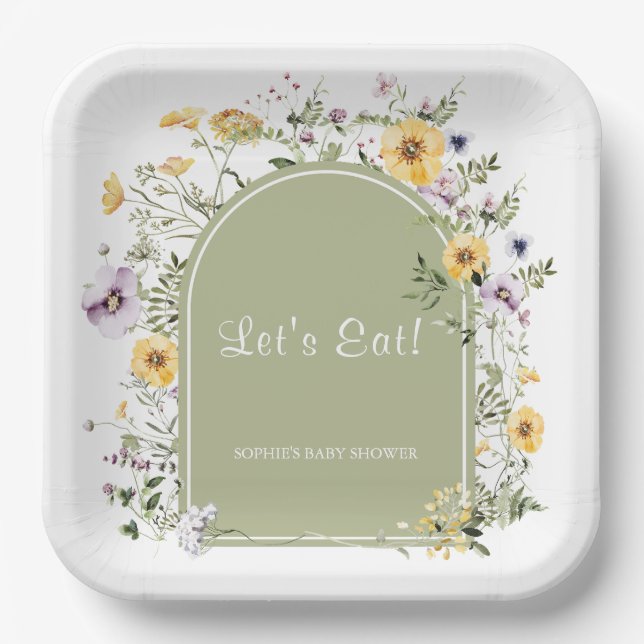 Sage Green Wildflower Baby In Bloom Baby Shower Paper Plate (Front)