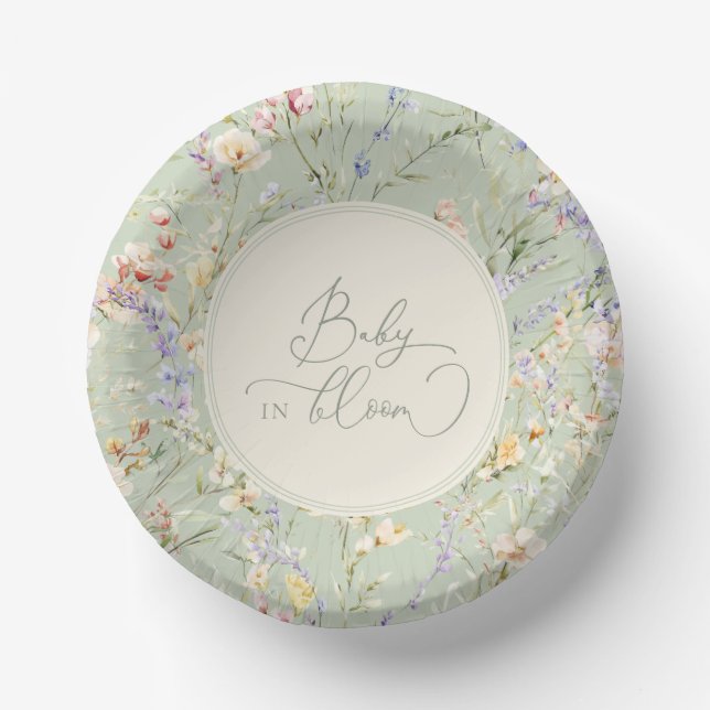 Sage Green Wildflower Baby In Bloom Baby Shower Paper Plate (Front)