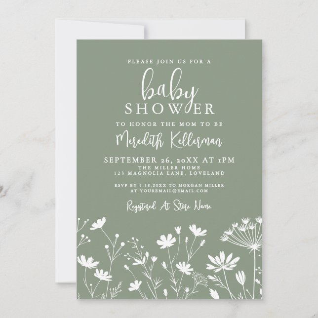 Sage Green Wildflower Baby Shower Invitation (Front)