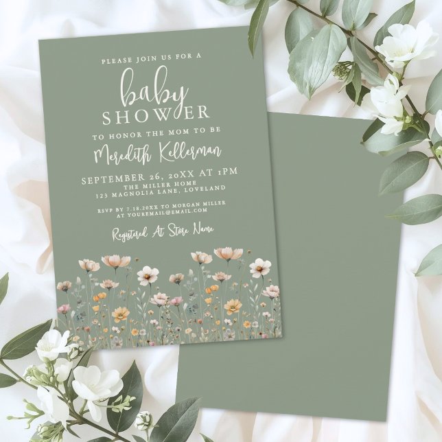Sage Green Wildflower Baby Shower Invitation (Sage Green Wildflower Baby Shower Invitation)
