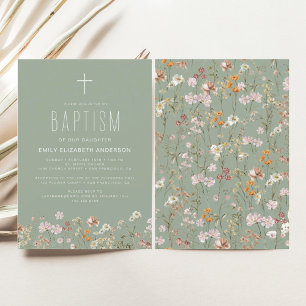 Sage Green Wildflower Baptism Garden In Bloom  Invitation