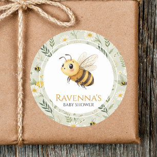 Sage Green Wildflower Bee Custom Name Baby Shower Classic Round Sticker