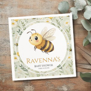 Sage Green Wildflower Bee Personalised Baby Shower Napkin