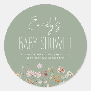 Sage Green Wildflower Boho Baby Shower In Bloom Classic Round Sticker