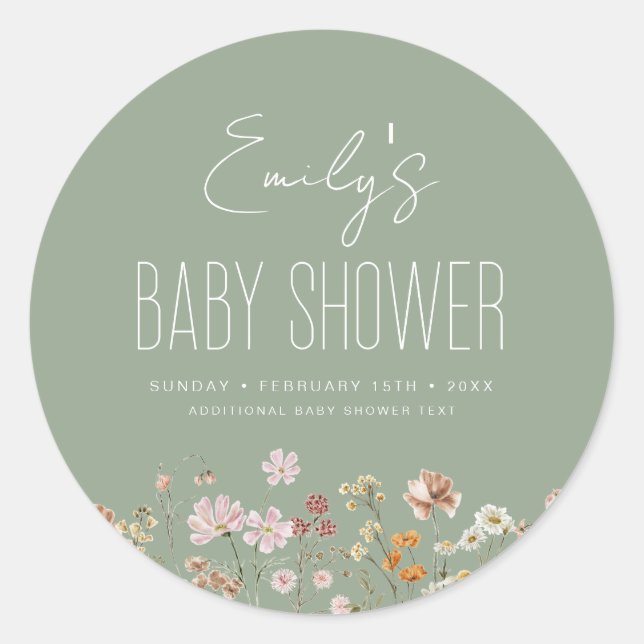 Sage Green Wildflower Boho Baby Shower In Bloom Classic Round Sticker (Front)