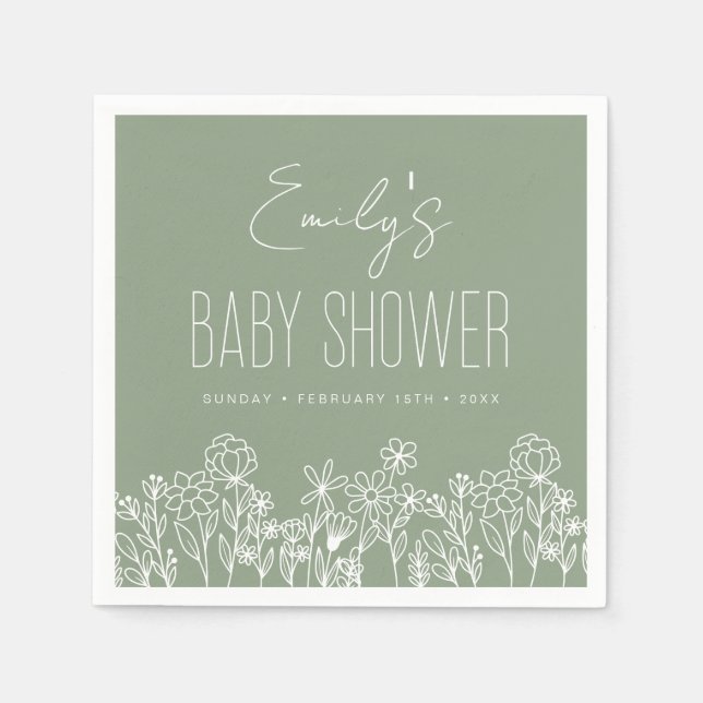 Sage Green Wildflower Boho Baby Shower In Bloom Napkin (Front)