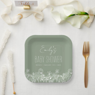 Sage Green Wildflower Boho Baby Shower In Bloom Paper Plate