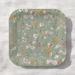 Sage Green Wildflower Boho Baby Shower In Bloom Paper Plate