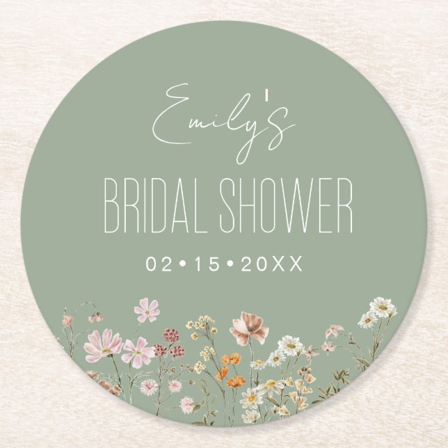 Sage Green Wildflower Boho Bridal Shower Garden Round Paper Coaster (Front)