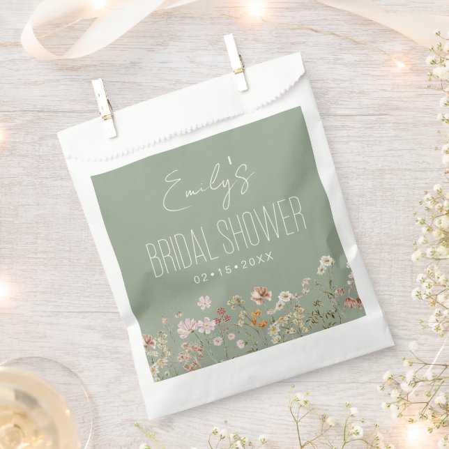 Sage Green Wildflower Boho Bridal Shower In Bloom Favour Bags (Clipped)