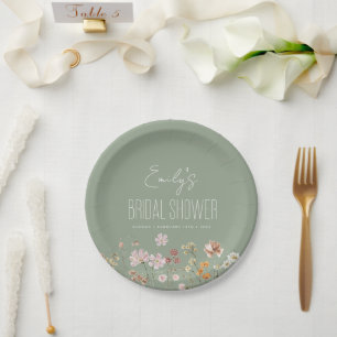 Sage Green Wildflower Boho Bridal Shower In Bloom Paper Plate
