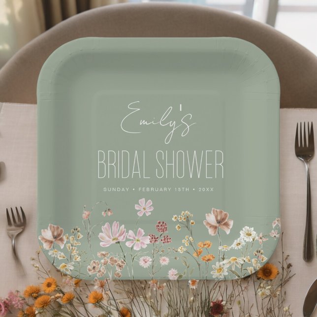 Sage Green Wildflower Boho Bridal Shower In Bloom Paper Plate (Creator Uploaded)
