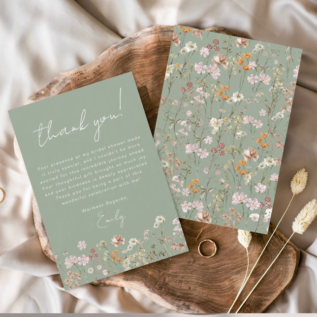 Sage Green Wildflower Boho Bridal Shower Thank You Card (Creator Uploaded)