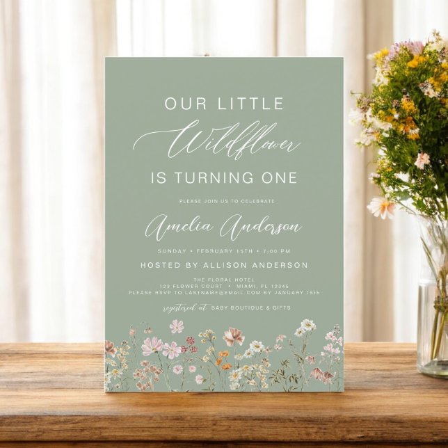 Sage Green Wildflower Boho First 1st Birthday  Invitation (Creator Uploaded)