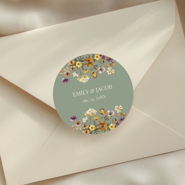 Sage Green Wildflower Boho Wedding  Classic Round Sticker (Creator Uploaded)