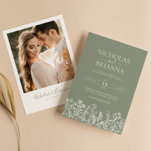 Sage Green Wildflower Boho Wedding Modern Photo Invitation