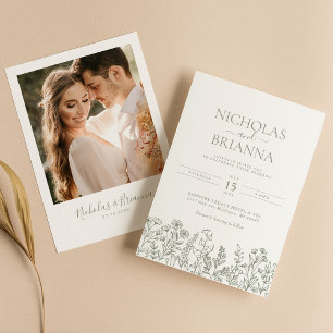 Sage Green Wildflower Boho Wedding Modern Photo Invitation