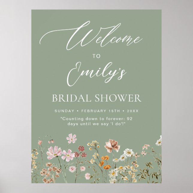 Sage Green Wildflower Bridal Shower Welcome Sign (Front)