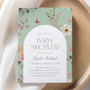 Sage Green Wildflower Butterfly Baby Shower Invitation