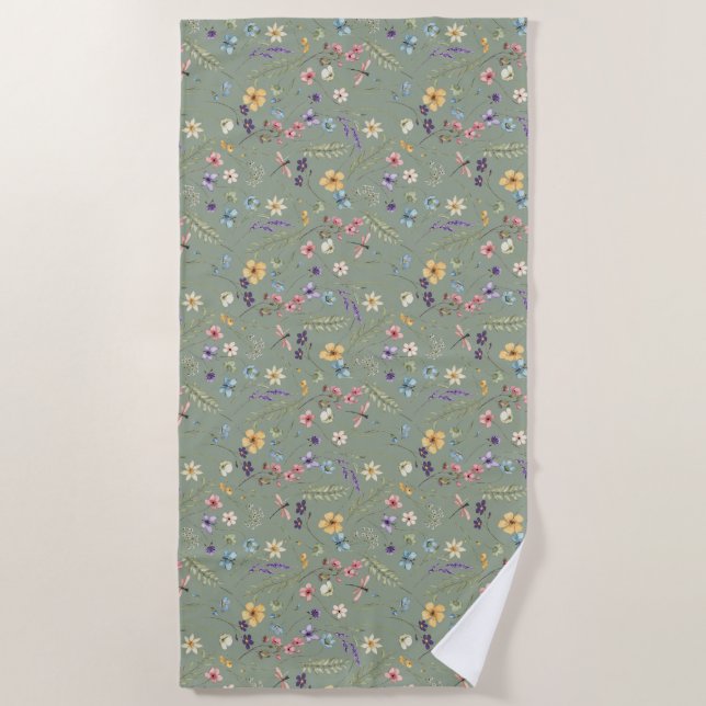 Sage Green Wildflower & Butterfly  Beach Towel (Front)
