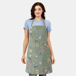 Sage Green Wildflower & Butterfly Personalised  Apron