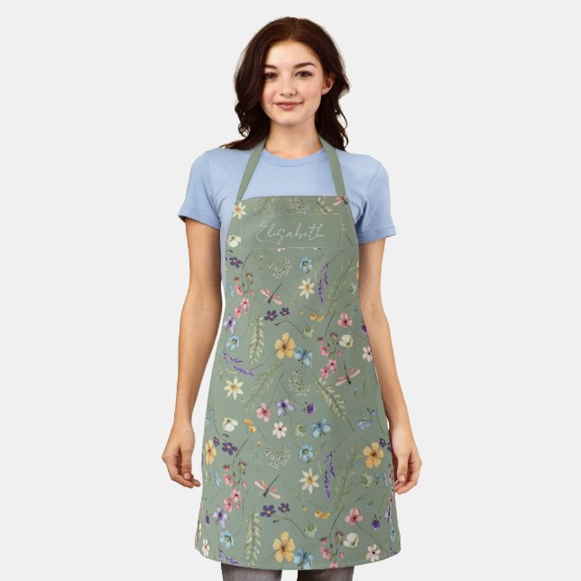 Sage Green Wildflower & Butterfly Personalised  Apron (Worn)