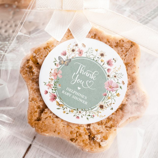 Sage Green Wildflower Butterfly Shower Thank You Classic Round Sticker (Creator Uploaded)