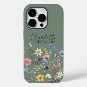 Sage Green Wildflower Custom Name Monogram  Case-Mate iPhone 14 Pro Case