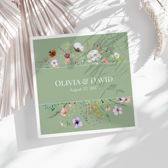 Sage Green Wildflower Custom Napkin (Sage Green Wildflower Custom Paper Dinner Napkins on a sunny white table with dry neutral botanicals)