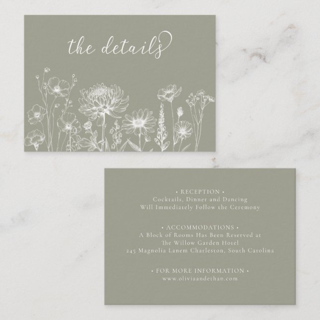 Sage Green Wildflower Details Card Wedding Insert (Front/Back)