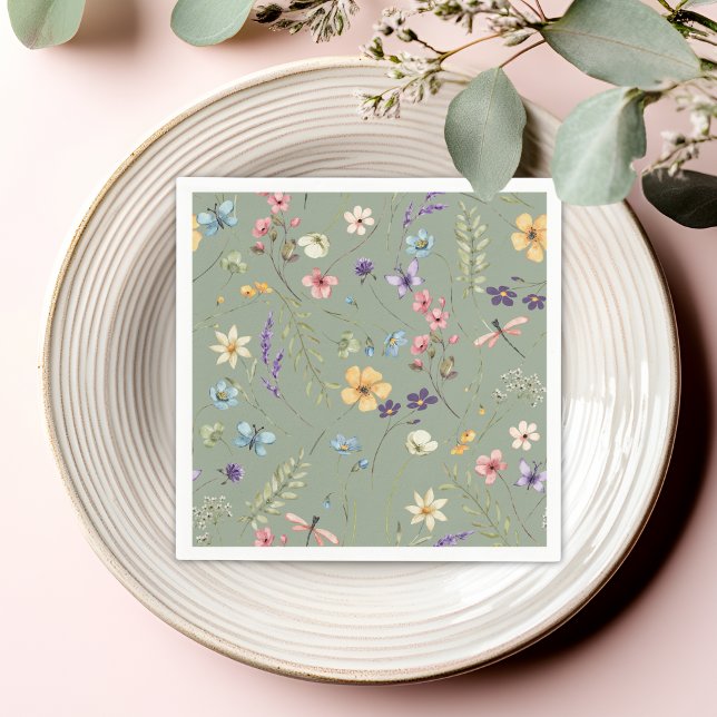  Sage Green Wildflower Elegant Bridal Shower Napkin (Creator Uploaded)